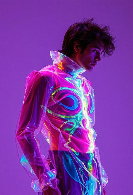 Male model , crystallisation, schizophernia, bioluminescent Jem the Hologram, surreal psychedelic flowing avant-garde art by Yoh Nagao and Erik Madigan Heck and Alan Aldridge, 1980's new wave totally radical fashion.,side view, side eye,