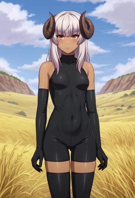 felm, horns, dark-skinned female bodysuit, thighhighs, elbow gloves white dress, black shorts, long sleeves, choker