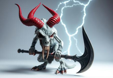 Create a highly detailed, hyper-realistic 3D model of a Skull Archfiend of Lightning demon, inspired by the minotaur from Path of Exile and the stylistic influences of American Gods and Reaper Minis. The demon should have chalk white skin, red horns, and be holding an axe. The desired style should be a mix of medieval and dark fantasy, with vibrant colors and dynamic lighting. The model should be rendered in high definition (4K) with a 50mm lens, featuring cinematic lighting, rim light, and realistic water and saturated cloud effects. The background should be a white or light-colored surface with subtle shadows. Please use a golden ratio composition and ensure that the model is posed in a dramatic, dynamic way. Incorporate micro details and lifelike textures to create a highly realistic and immersive scene.