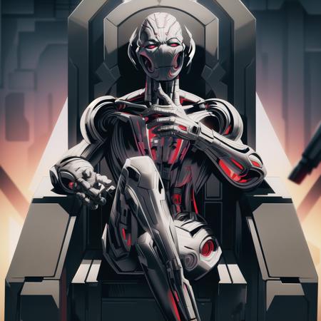 ultron, solo, high angle, sitting on a throne, command and control, domination, ruler, sinister authority, intricate details, masterpiece, absurdres, best quality <lora:ultronPrime-000020:0.9>