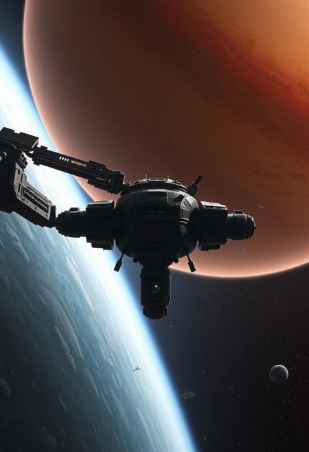 An abandoned space station, orbiting a giant gas planet. There are signs of conflict, as the station is damaged.