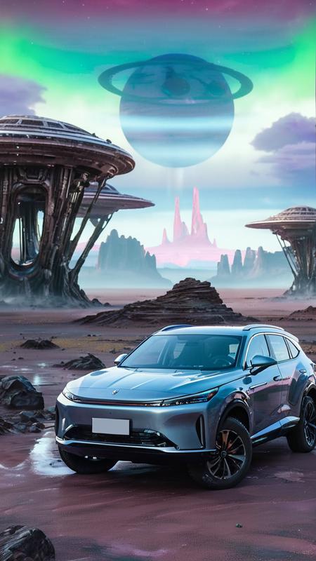 D5X,
A futuristic car drives across the surface of an alien planet,surrounded by an otherworldly landscape. The terrain is strange and unfamiliar,with rocky formations,glowing crystals,and distant,towering structures that hint at an advanced civilization. The sky is filled with swirling clouds in vibrant colors,with multiple moons or planets visible on the horizon. The carâs headlights illuminate the alien terrain,casting long shadows and highlighting the surreal environment. The overall scene is cinematic,with dramatic lighting,deep contrasts,and a sense of adventure and exploration on this mysterious,extraterrestrial world,
<lora:D5X_XL_v1:1>,