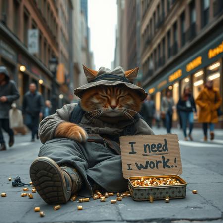 Ultra realistic. city like new york, a vagabond cat, with old dirty clothes, ripped boots, sleeping on a city street, with an old dirty hat over his face, many small golden bolt form pieces glowing falling out of his pants pockets, a carboard sign with the text "i need buz to work" a small sardine can with a few bolt form pieces inside, people walking near