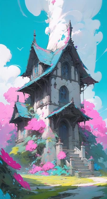 fantahouse, sky, bird, scenery, outdoors, blue sky, no humans, day, cloud, tree, tower, building, flower
 <lora:fantahouse-noise:1>