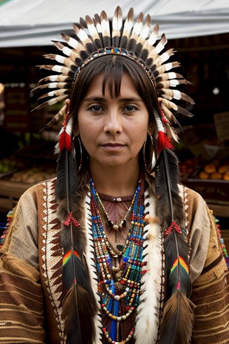 native american costume,  market stall  <lora:Louise_Redknapp:1> mature l1873r, 1girl, solo, masterpiece, best quality, detailed face,