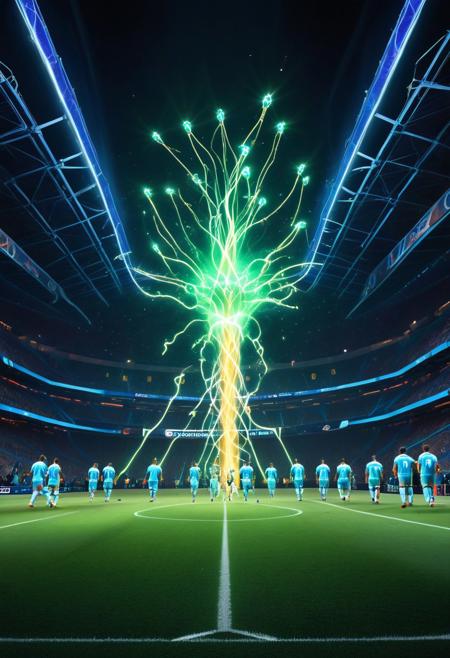 Under a golden, celestial glow, a surreal football game unfolds as players move gracefully, leaving shimmering light trails with every step. The field pulses with bioluminescent energy, its glowing green blades synchronising with the rhythm of the match.The golden football, emitting a bright light, streaks across the field like a shooting star, emitting sparkling bursts of brilliance upon impact, briefly illuminating the players' focused expressions.
The players' uniforms are imbued with luminous threads that exhibit dynamic shifts in hue, seamlessly blending with the ethereal light that envelops the stadium.Hovering above are radiant, firefly-like entities, intermittently flitting between players as if offering encouragement.The goalposts, crystalline and radiant, refract light into dazzling patterns, further enhancing the game's otherworldly allure.
The crowd further enhances the spectacle by means of luminous flags and bursts of light accompanying their cheers, thereby creating ripples of energy that fill the stadium.This extraordinary match thus transcends the ordinary, merging athleticism with celestial wonder to create a luminous celebration of human spirit and cosmic beauty, leaving an unforgettable impression on all who witness it.