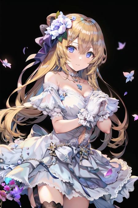 1girl, solo, dress, hair flower, flower, breasts, long hair, gloves, hair ornament, thighhighs, white gloves, white thighhighs, cleavage, blue eyes, looking at viewer, choker, gradient background, white dress, jewelry, bare shoulders, garter straps, gradient, off-shoulder dress, black background, frilled thighhighs, frills, white flower, own hands together, blonde hair, necklace, bangs, parted bangs, purple bow, puffy sleeves, medium breasts, bow, off shoulder, rose, closed mouth, frilled dress, white rose, collarbone, (masterpiece,best quality)