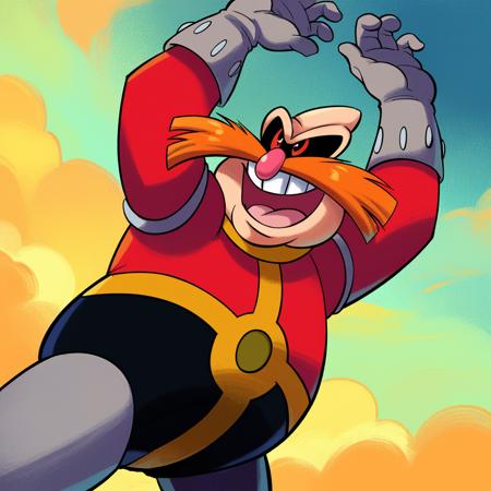 dr_robotnik_(\aosth\) bald, red eyes, orange mustache, pink nose red shirt, black pants, grey socks, grey gloves, red boots