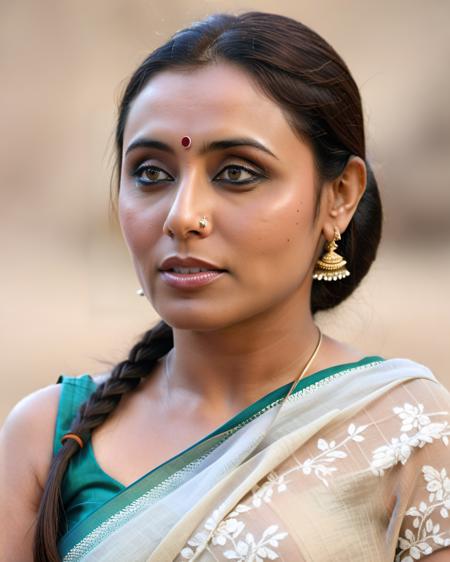 ultrarealistic soft focus photo of a 30-year-old woman, rani mukerji, outdoors, high neck Bomkai Saree (Odisha traditional saree) lace covering chest and cleavage, Deep-in-thought furrowed brows, Medium close-up camera angle, looking looking at camera, day time, beautiful bokeh  <lora:Rani_Mukerji_SDXL_LoRA:0.8>