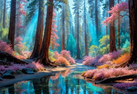 Enchanted forest dappled with multicolored rays, Pointillist park in spring bloom, Winter morning with pale blues and soft pinks, Peaceful beach with crystal clear turquoise water, A sequoia forest with towering ancient trees, Sizzling mirages wavering on hot asphalt, Mystic druid protecting sacred groves, An eternal flame that burns without fuel