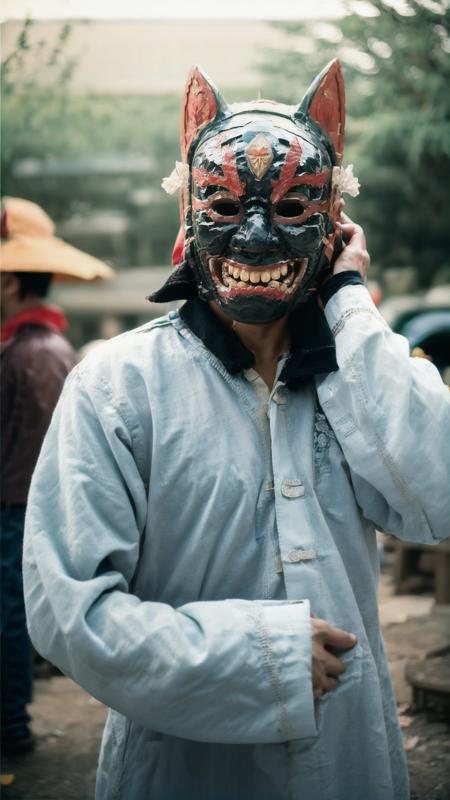 nuoxi,<lora:nuoxi-000005:1>,<lora:add_detail:0.3>,fine - art photography,soft portrait shot 8 k,unsplash,kodak ultra max 800,85 mm,solo,mask,(teeth:1.3),blurry background,male focus,long sleeves,upper body,