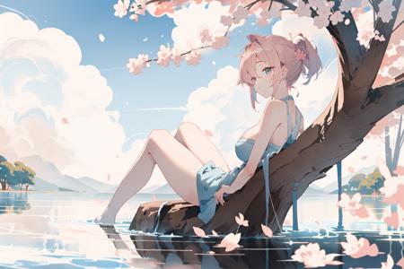 masterpiece, best quality, ultra-detailed, illustration, 1girl, solo,((sitting in the shallow water, surrounded by pink sakura petals floating on the water)), butterfly, wisteria, electricity, blue sky, cloudy sky,(large breasts), ((eye focus)), expressionless, critical angle, bokeh, depth of field, ((eye focus)), light glowing particles, arms behind back,