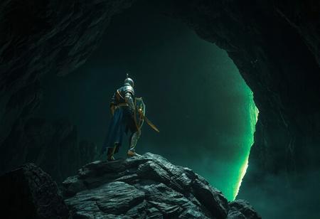 A lone knight, in detailed blue and gold armor, stands on a rocky outcrop in a dark cave-like setting. Wielding a sword and shield, the knight looks towards a hint of green light in the distance. The image features high-resolution, sharp lines, vibrant colors, and a dynamic action pose, giving a sense of ruggedness and mystery. The knight's intense gaze and the captivating lighting add to the image's vivid emotions and powerful message. This could be a frame from a fantasy video game, rendered with Octane Render or Unreal Engine 5, and could trend on art platforms like CGSociety or Artstation.