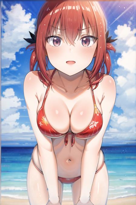 masterpiece, best quality, beach, tropical island, summer, red bikini, <lora:satania:0.8>