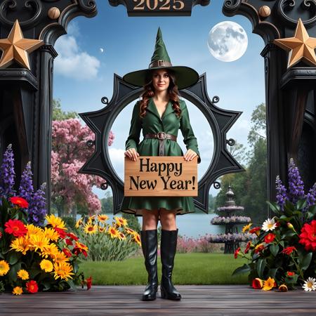 photo realistic mysterious friendly looking beautiful witch wearing green leather dress clothes and overknee boots holding a wooden sign where is written on "Happy New Year!", standing in front of a omega formed star gate where above on a plate it is printed "2025". in the background is an enchanted colorful forest with marvelous flowers plants, at the sky are moon stars planets