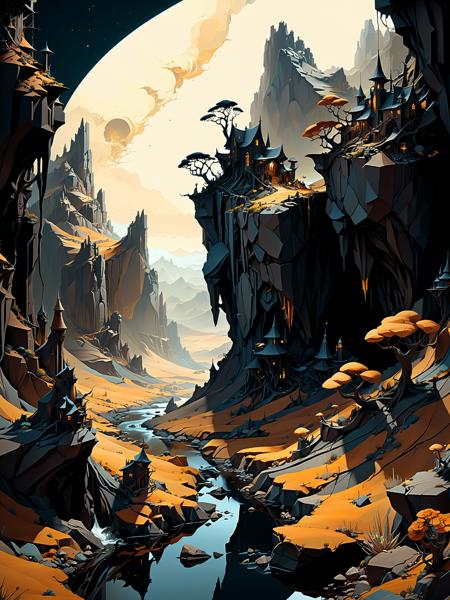 by Brian Froud and Petros Afshar, photo-realistic medium full shot of  an (otherworldly landscape:1.2), (exquisite , elegant , masterful:1.4), bold lines, ultra-detailed, award winning,  dark limited color palette, high contrast, depth of field, (intricate details, masterpiece, best quality:1.4), underlighting, dynamic pose, wide angle panoramic view, <lora:add-detail-xl:0.5> <lora:xl_more_art-full_v1:0.5>