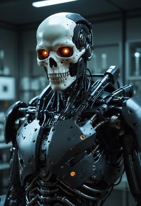 Cyberpunk, sci-fi, dark-fantasy, kodak portrait 400, 8k, soft light, volumetric lighting, highly detailed, britt marling style 3/4, portrait photo of a war man cyborg robot in a chemical laboratory + face, face is skullbone with scares, intricate, elegant, highly detailed, devil-armor, 2D motifs detailed dark fantasy digital painting, artstation, concept art, smooth, sharp focus, illustration, art by Otomo Katsuhiro and ShirÅ Masamune and Oshii Mamoru. Cosmic light in backfront