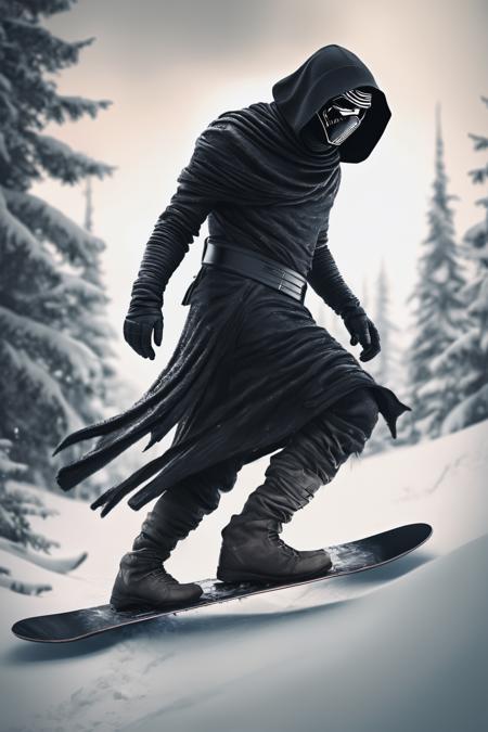 art by Samuel Silva, epic Raw digital photo, Asymmetrical Divine Scottish [Ifrit:Kylo Ren:4], surreal, Snowboard Tattoo, fall jungle, Winter, split diopter, Rough sketch, back-light, macro lens