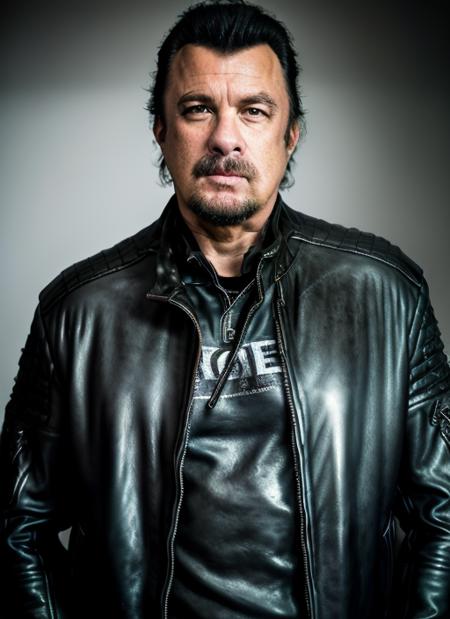 portrait of ss1,  man in Rocker Chic: Leather Jacket, Distressed Jeans, Band T-Shirt, Combat Boots, Messy Hair epic (photo, studio lighting, hard light, sony a7, 50 mm, matte skin, pores, colors, hyperdetailed, hyperrealistic),  <lora:StevenSeagal:1>