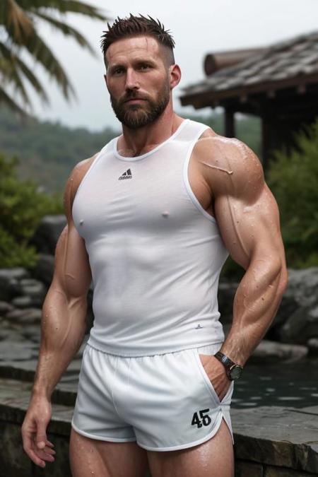 John (muscular, 37 years old, brown short hair, bearded, wet) in white tight shorts.