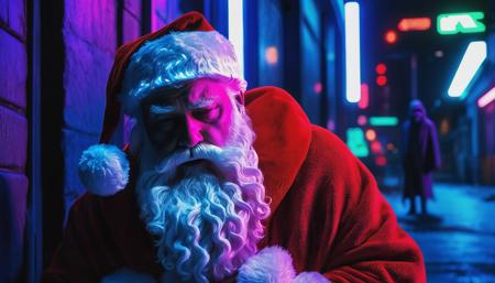(Santa Claus) on the street, looking sad, blade runner aesthetic, christmas party, blacklight, neon lighting,