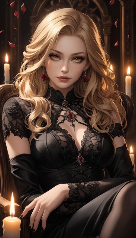 Mysterious blonde woman in black dress, seated amidst candles, seductive expression, elegant posture, high heels, intricate wooden chair, warm candlelight glow, photorealistic detail, scattered rose petals, gothic elegance, soft shadows, cinematic atmosphere