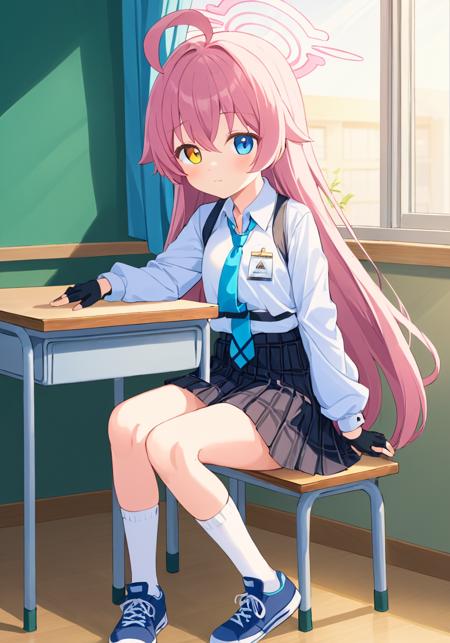 breathtaking, 
koharu \(blue archive\), hoshino \(blue archive\), 1girl, solo, heterochromia, ahoge, fingerless gloves, white shirt, black gloves, curtains, blue necktie, school desk, sitting, window, looking at viewer, long sleeves, white socks, collared shirt, indoors, on desk, halo, black skirt, black footwear, plaid skirt, sneakers, pleated skirt, classroom, full body, school uniform
 . gorgeous,key visual, vibrant, studio anime,award-winning, professional, highly detailed,high budget, cinemascope  <lora:TakanashiHoshino_v2:1>  <lora:colorful_sdxl_v2_lbw:1>