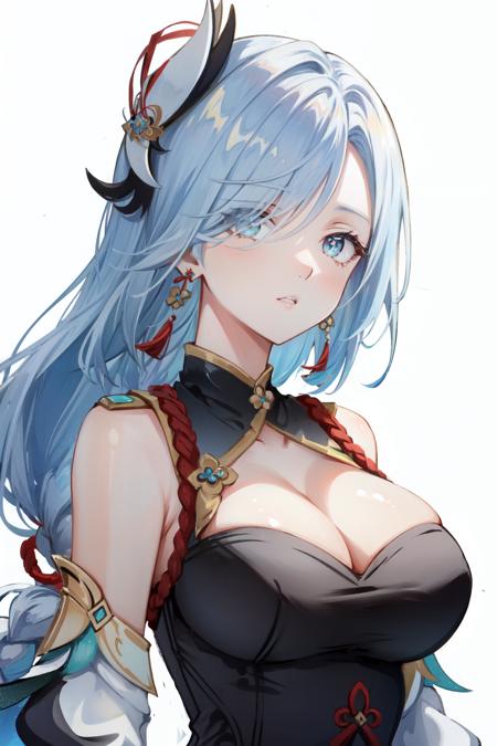 <lora:shenhe:1>shenhe(genshin impact), shoulder cutout, bare shoulders, very long hair, tassel, braided ponytail, hair over one eye, 1girl, tassel earrings, white background, blue eyes, braid, hair ornament, jewelry, clothing cutout, cleavage, solo, white hair, large breasts, simple background, long hair, earrings, parted lips, upper body, looking at viewer