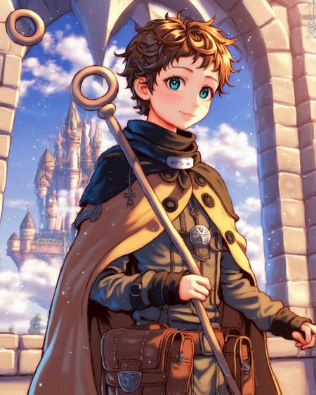 Ninya, brown hair, short messy brunette, teal eyes, adventurer's outfit, staff, cloak, boots, pouches, tomboy, anime