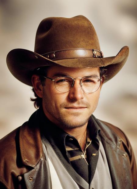 gc1, glasses, Create a captivating portrait of a cowboy that showcases the ruggedness and allure of the Wild West. The cowboy should be depicted in a close-up view, highlighting their weathered features and character. They should be wearing traditional cowboy attire, including a wide-brimmed hat, a worn-out leather jacket or vest, and a bandana around their neck. Pay attention to the cowboy's facial expression, capturing a sense of determination, resilience, or a hint of mystery. Use warm tones and subtle lighting to enhance the mood of the scene. Incorporate elements that symbolize the cowboy's lifestyle, such as a lasso, a horse, or a vast desert landscape in the background, to further emphasize their connection to the Western frontier. The portrait should evoke a sense of nostalgia and admiration for the iconic cowboy figure. <lora:GeorgeCostanza:1>