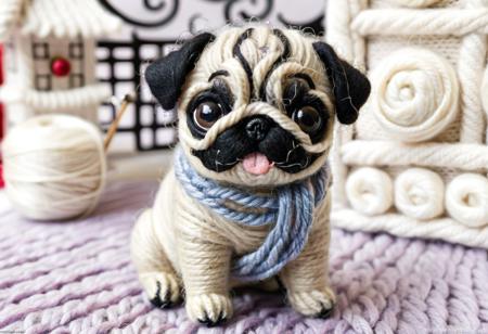 w00len, a hyper realistic macro close up picture of ((a pug puppy made out of wool and yarn, wearing a yarn outfit, chinatown yarn backdrop, yarn