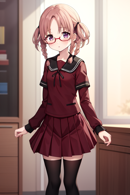 hiiraginemu, 1girl, solo, looking at viewer, skirt, shirt, thighhighs, long sleeves, ribbon, school uniform, braid, short sleeves, pleated skirt, glasses, serafuku, black thighhighs, sailor collar, zettai ryouiki, neck ribbon, buttons, feet out of frame, red skirt, arms at sides, layered sleeves, short over long sleeves