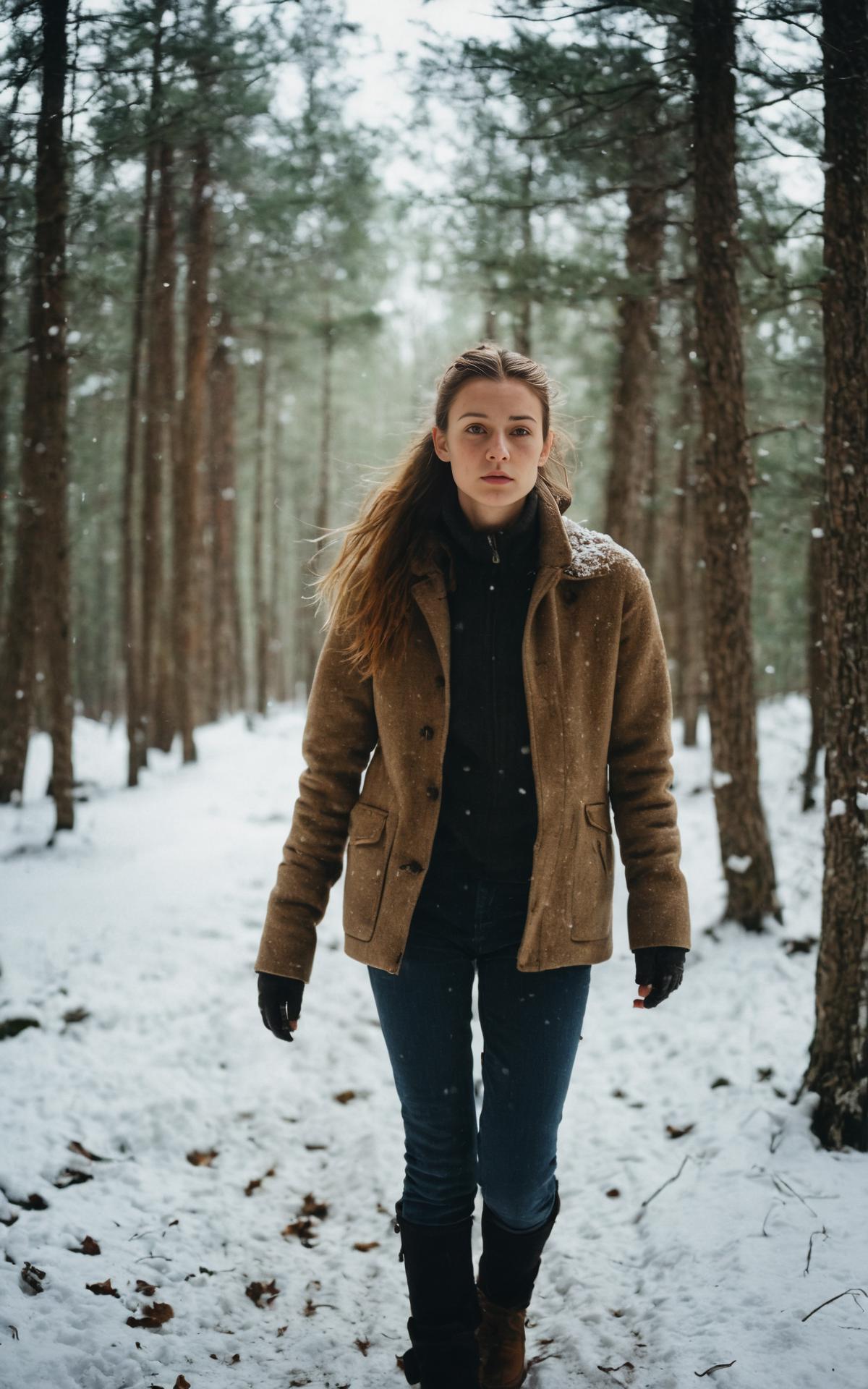 A Woman Walking Along a Snowy Path in a Forest