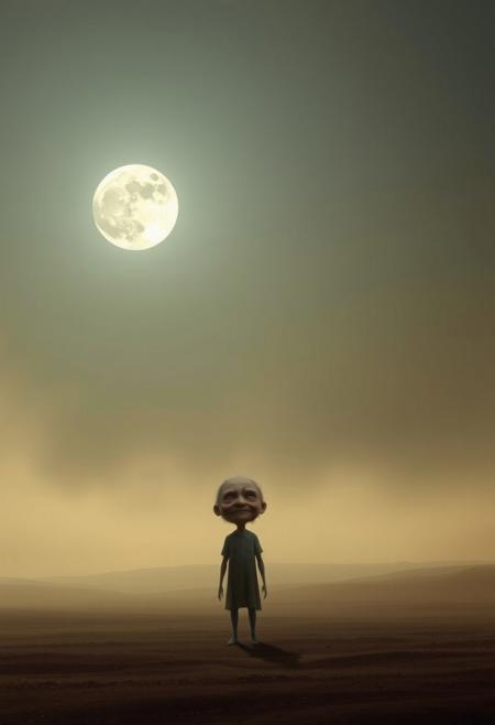 A vast, moonlit landscape, softly focused with a hazy background, features a solitary figure with a surreal, exaggerated expression, rendered with smooth gradient transitions.