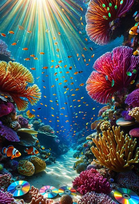 An underwater coral reef filled with vibrant, multicolored corals, neon hues, surreal atmosphere, surrounded by clownfish made entirely of compact discs, their scales reflecting iridescent rainbow colors, intricate disc patterns, shimmering water, beams of sunlight piercing through, hyper detailed, artistic composition, photorealistic textures, colorful and expressive, made of cd's