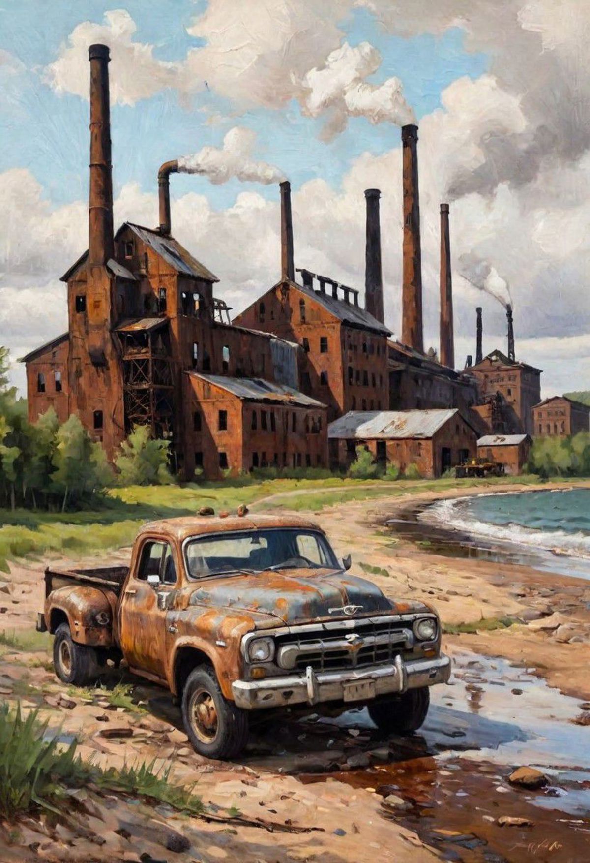Old Truck on the Beach with an Industrial Plant in the Background