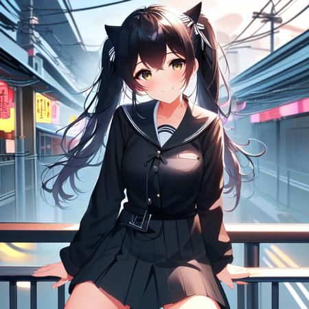 solo,  1girl,  14yo,  (((sitting on railings))),  outdoor corridor,  second floor,  twintail,  black uniform,  wind,  smile,  taiwan,  big sea,  ((a cat)),  fog,  (((busy street in nightmarket))),<lora:EMS-211125-EMS:1.000000>