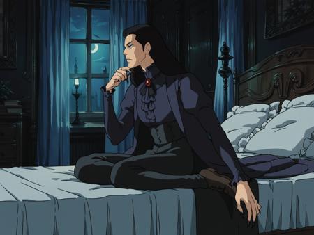 1boy, male focus, vampire, black hair, long hair, long fingernails, black tailcoat, pants, victorian shirt, sitting on bed, luxory interior, bedroom, gothic, indoors, night, solo, <lora:Ghibli3:0.8>, score_9, score_8_up, score_7_up