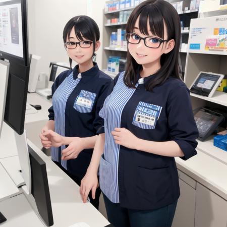 masterpiece, best quality, ultra-detailed, illustration,
konbini, scenery, shop, indoors, 
LAWSONU, employee uniform, uniform, id card, striped,  shirt,  pants, standing,
 1girl, glasses, black hair, happy, smile, 
<lora:LAWSON_scenery_SD15_V2:0.8>