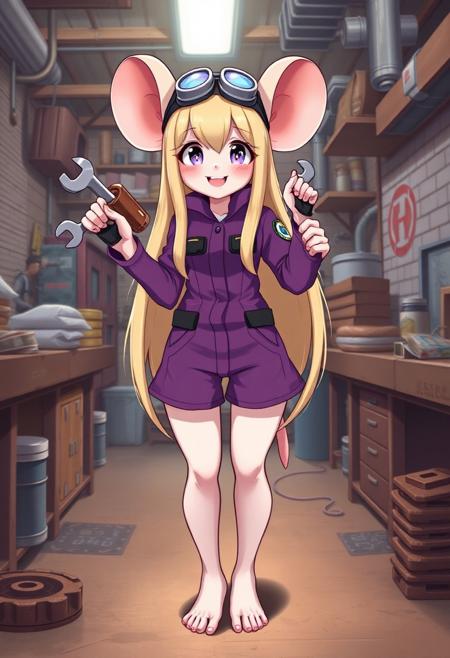 score_9, score_8_up, score_7_up, score_6_up, score_5_up, score_4_up, detailed background, indoors, workshop, full body view, mouse feet, barefoot, mouse girl, anthro Mouse girl, long blond hair, mouse tail, one tail, goggles on head, gadget_hackwrench, purple mechanic suit, smile, front view, white fur, detailed fur