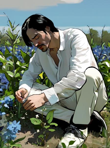 Bob_Arctor , taking a flower with his hand, with new-path suite, in a field , solo, shirt, black hair, long sleeves, 1boy, sitting, closed eyes, white shirt, flower, male focus, outdoors, shoes, pants, black footwear, profile, leaf, plant, blue flower, white pants, wide shot<lora:A_Darkly_Scanner:1><lora:A_Darkly_Scanner:1><lora:A_Darkly_Scanner:1>