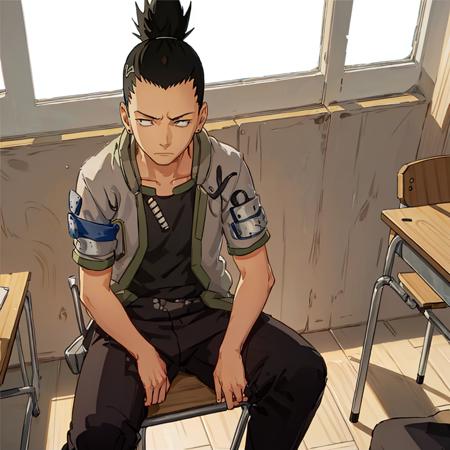 Nara shikamaru, 1girl, solo, expressionless, bored, sitting in front of a desk, classroom, sunlight, skirt, arms crossed on desk