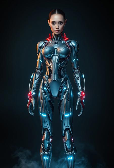 Full-body portrait of a futuristic mechanical woman, standing, front view, facing camera, lifelike skin with chrome and titanium limbs, glowing circuitry along arms and legs, exquisite beautiful face, sharp facial features, confident posture, photorealistic, cinematic lighting, subtle neon reflections on skin, mist around feet, shallow depth of field, high detail, vivid colors