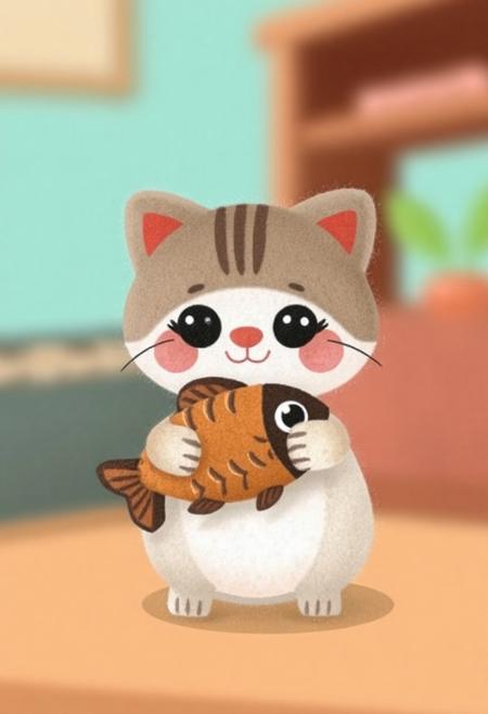 ChildBook,

a small, simple, cuddly felt fat kitten holding a fish in its tiny hands, gazing directly into the camera with a joyful smile