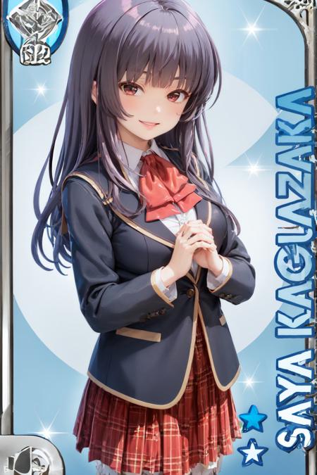 (masterpiece, best quality:1.2), <lora:girlfriendkari_kagurazaka-12:1>, card \(medium\), cowboy shot, solo, 1girl, kagurazaka saya, smile, looking at viewer, own hands together, school uniform, jacket, red bow, plaid skirt