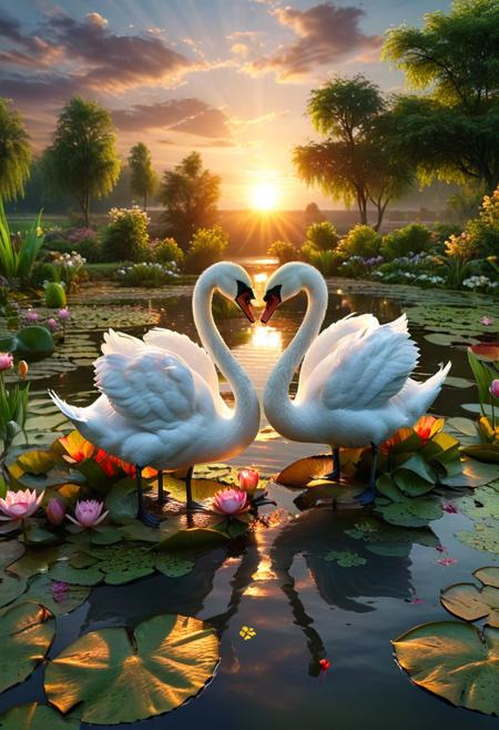 (masterpiece), realistic lighting, score_9, score_8_up, score_7_up, realistic, intricate details, hyperdetailed, extremely sharp, 4k, ,vivid colors,
((masterpiece)), ((best quality)), (ultra-detailed), absurdres, extremely detailed CG unity 8k wallpaper, Official Art, two beautiful swans in the pond, one in front of the other, forming a heart, same size,they kiss, trees, plants, flowers, water lilies, breathtaking sunset, astral energy, magical and romantic atmosphere colorful, late spring scenery, illustration, (dramatic lighting:1.1),
hyperdetailed, hyperrealistic, 8k, high quality, hi res, best quality, high quality, absurd res, volumetric lighting, reflections, polished, intricate, soft warm lighting,