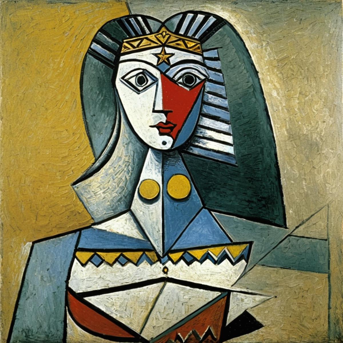 A painting of a woman wearing a gold crown and a red star above her eye.
