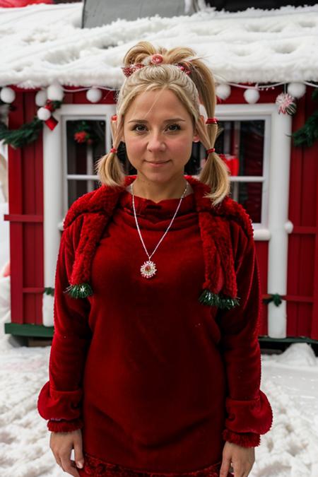 mrs santa claus, santas grotto, north pole, elves, snowmen, candy canes, snow, icicles,  <lora:Sarah_Jane_Honeywell:1> masterpiece, best quality, detailed face, 1girl, solo, a young sj1873h, blonde_hair Pig Tail