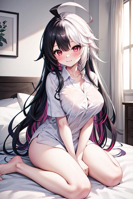 <lora:add_detail:0.5>,masterpiece,best quality,highres,indoors,on bed,looking at viewer,wariza,<lora:Paloma-09:0.8>,aspaloma,black hair,(ahoge:1.2),long hair,multicolored hair,white hair,purple colored inner hair,blush,seductive smile,white shirt,large breasts,bare legs,