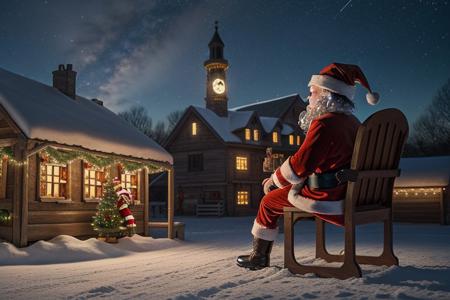 Steampunk style, realistic photo, winter landscape, small village, evening, night time, (santa claus flying++ with sleight over village)++, 12 reindeers in front of sleight, steampunk sleight, focus on sleight, brass machine parts, steam gauges, santa claus sitting in sleight, side view